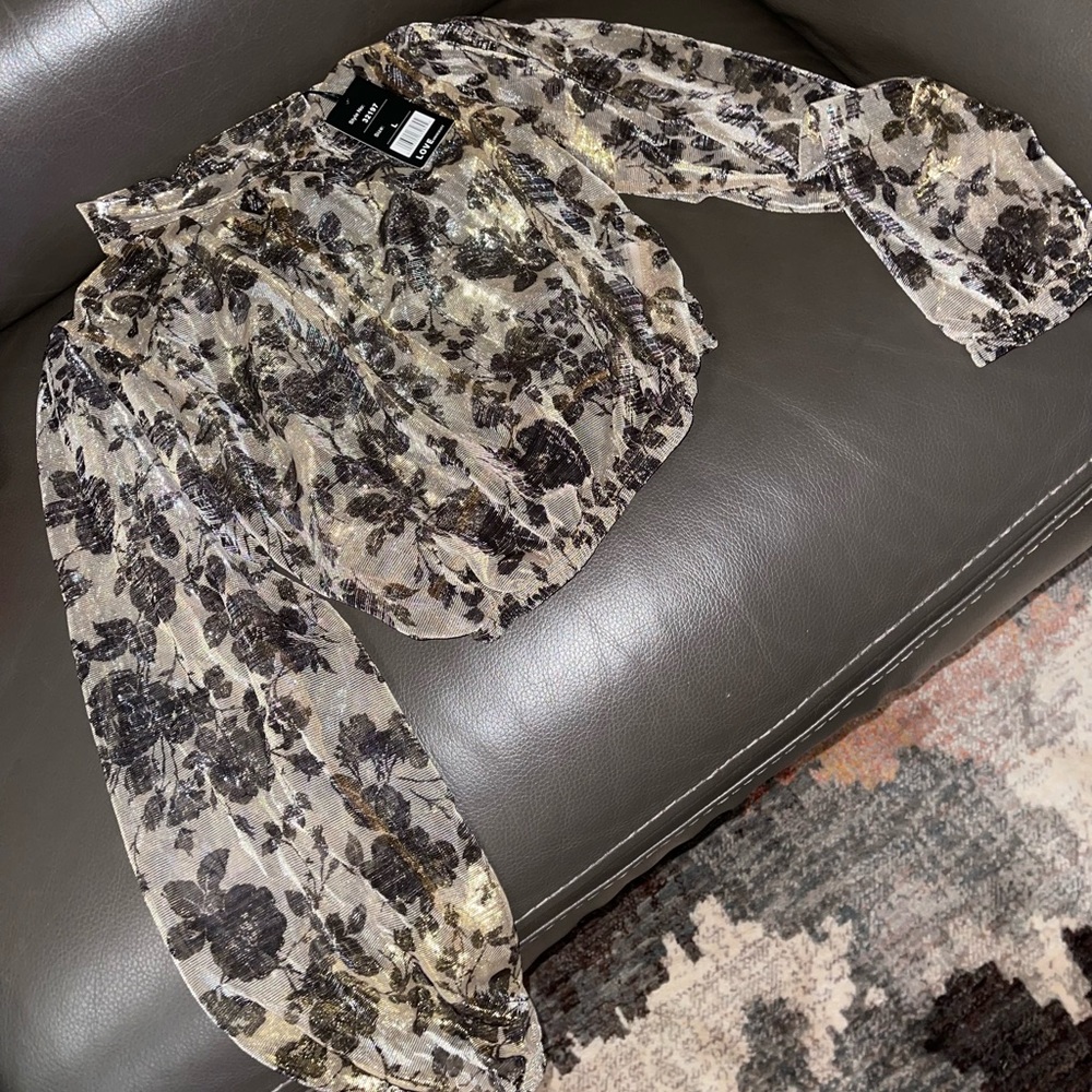 Love university mesh gold black floral mock neck blouse